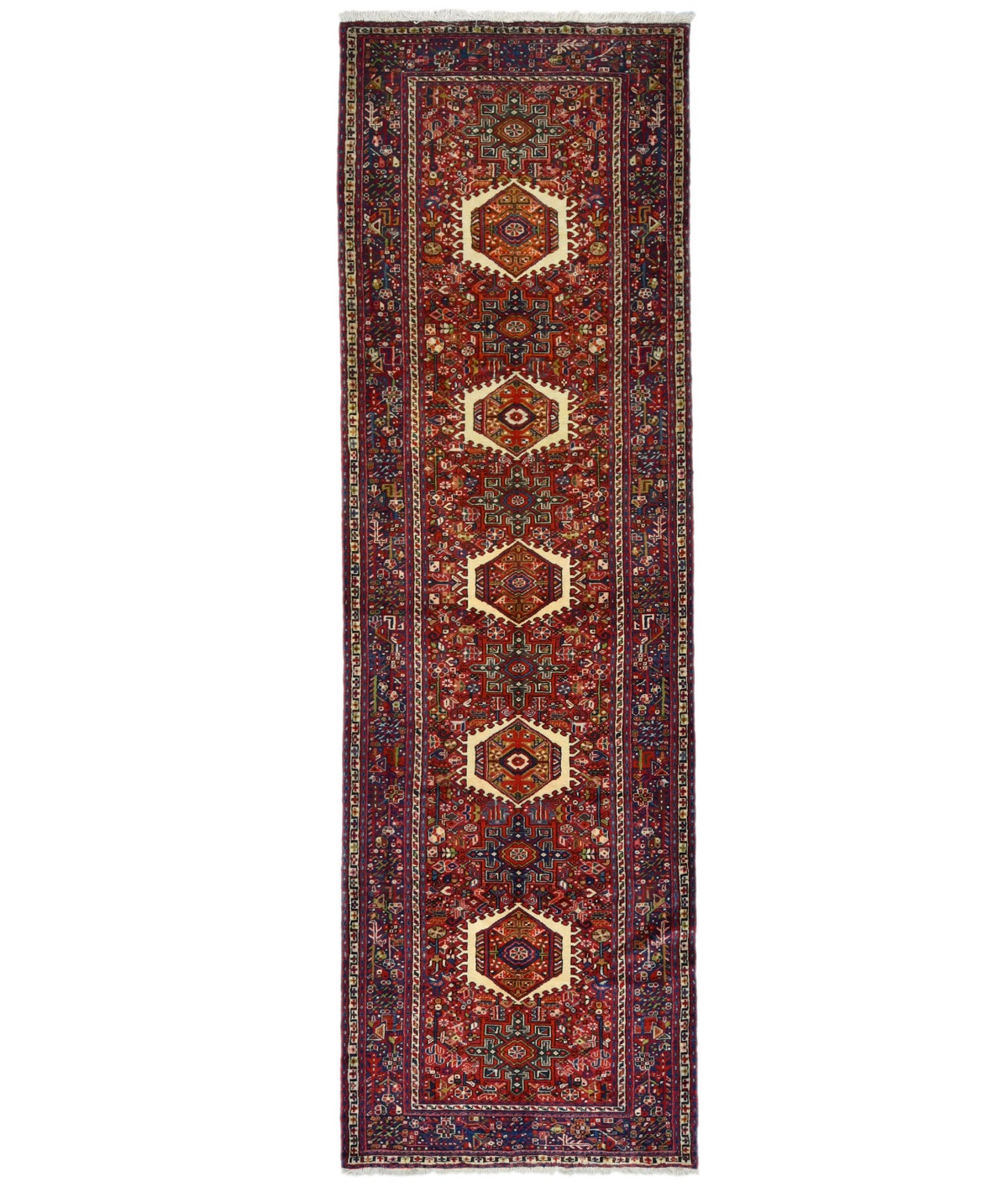 Vintage Red Geometric 4X12 Karajeh Persian Runner Rug