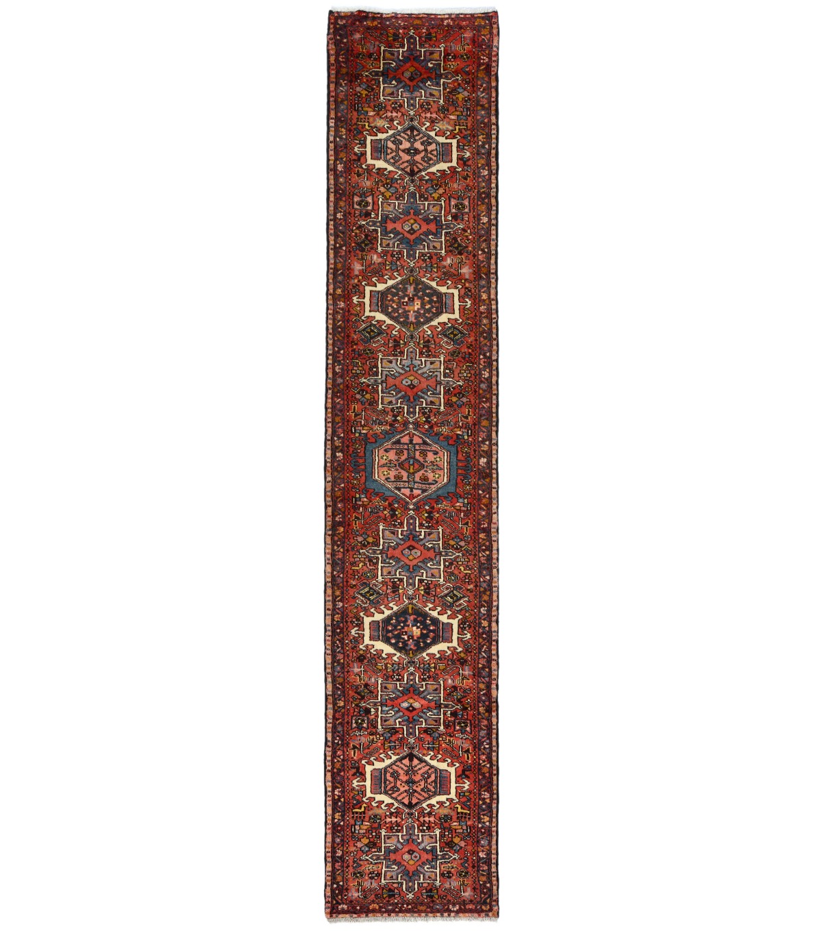 Vintage Red Geometric 3X14 Karajeh Persian Runner Rug