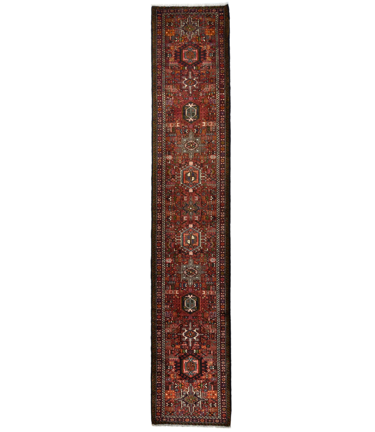 Vintage Rusty Red Geometric 2'5X13 Karajeh Persian Runner Rug