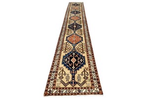 Vintage Beige Geometric 3X18 Ardebil Persian Runner Rug
