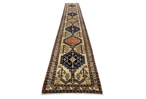 Vintage Beige Geometric 3X18 Ardebil Persian Runner Rug