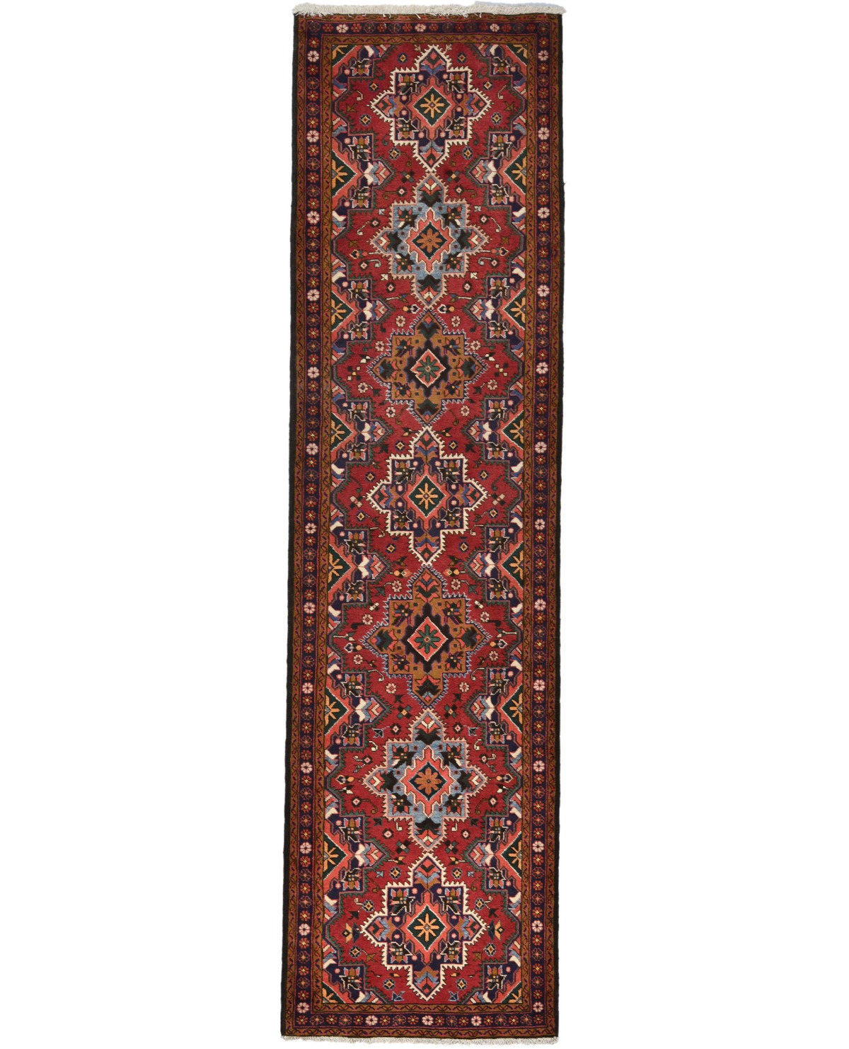 Vintage Red Geometric 3'4X12'7 Tabriz Persian Runner Rug