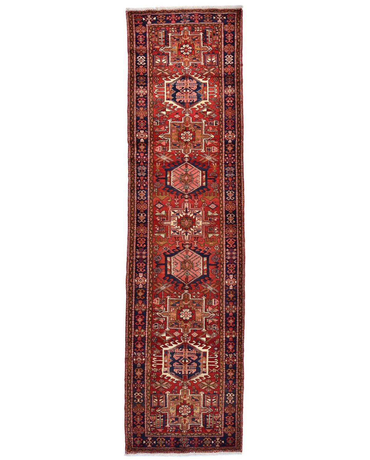 Vintage Red Geometric 4X14 Karajeh Persian Runner Rug