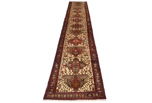 Vintage Cream Geometric 2'5X13 Karajeh Persian Runner Rug