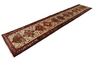 Vintage Cream Geometric 2'5X13 Karajeh Persian Runner Rug