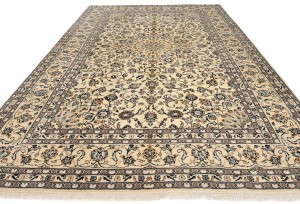 Vintage Cream Traditional 9X13 Kashan Persian Rug