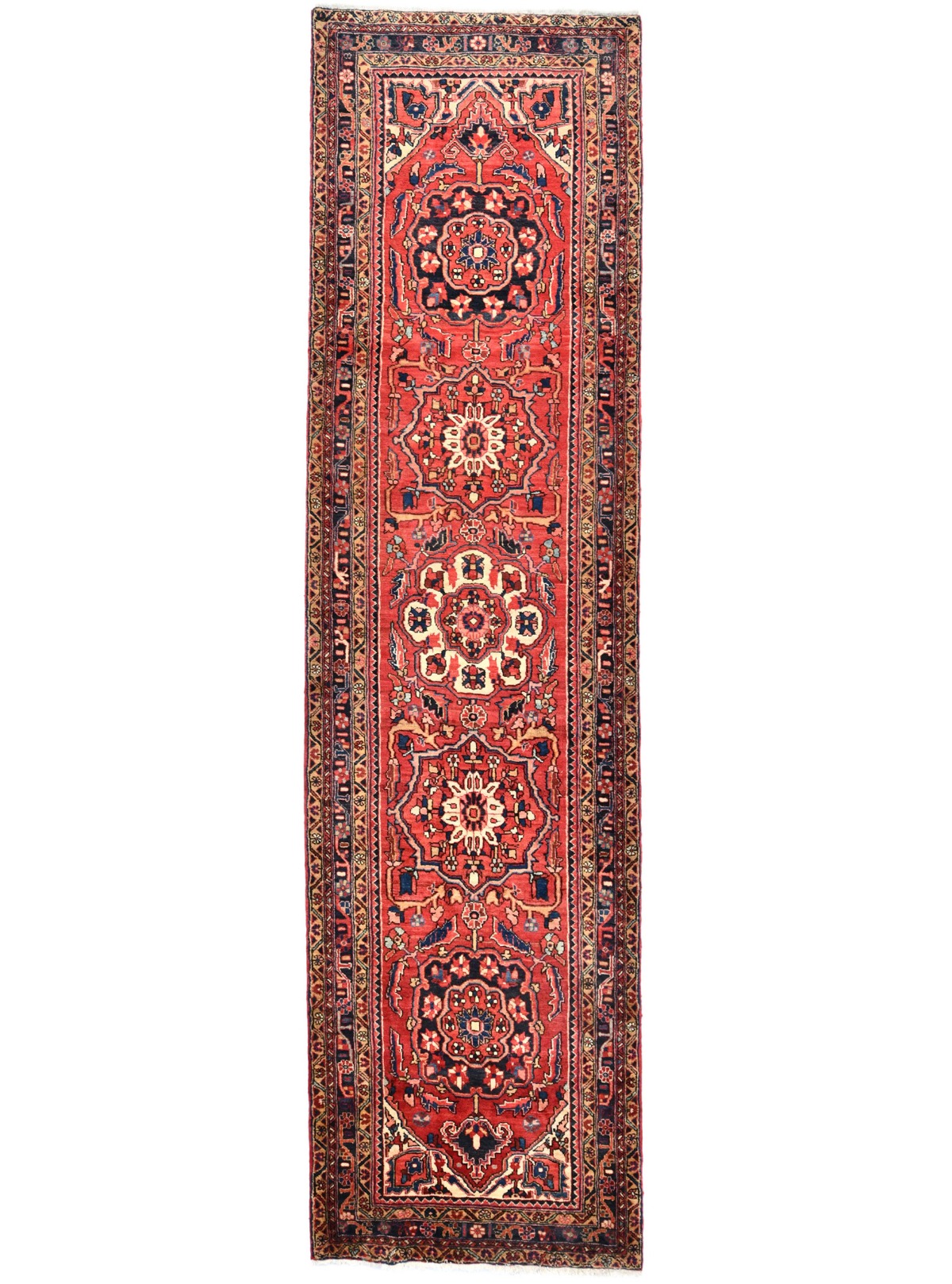 Vintage Red Floral 3'6X11'9 Heriz Persian Runner Rug