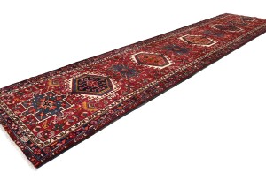 Vintage Red Geometric 3'6X14'5 Karajeh Persian Runner Rug