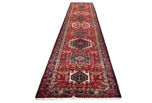 Vintage Red Geometric 3'6X14'5 Karajeh Persian Runner Rug