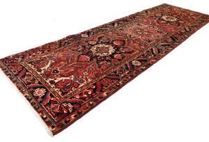 Semi Antique Rusty Red Geometric 4X12 Heriz Persian Runner Rug