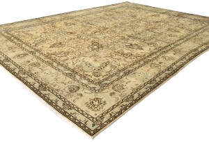 Antique Muted Peach Beige Floral 9'5X13 Distressed Vintage Oriental Rug