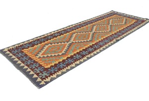 Multicolored Geometric Reversible 3X8 Kilim Oriental Runner Rug