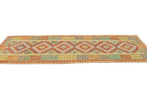 Multicolored Geometric Reversible 3X8 Kilim Oriental Runner Rug