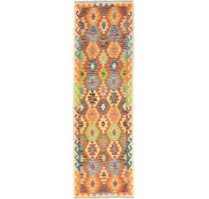 Multicolored Geometric Reversible 3X10 Kilim Oriental Runner Rug
