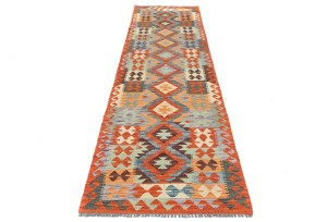 Multicolored Geometric Reversible 3X10 Kilim Oriental Runner Rug