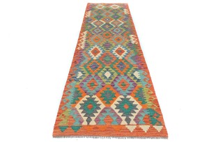 Multicolored Geometric Reversible 3X10 Kilim Oriental Runner Rug