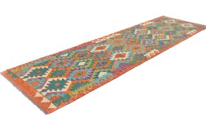 Multicolored Geometric Reversible 3X10 Kilim Oriental Runner Rug