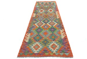 Multicolored Geometric Reversible 3X10 Kilim Oriental Runner Rug