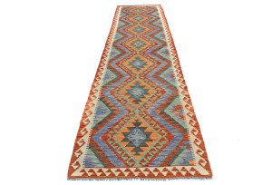 Multicolored Geometric Reversible 3X13 Kilim Oriental Runner Rug