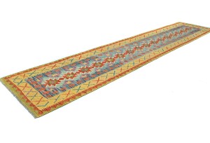 Multicolored Geometric Reversible 2'8X13'5 Kilim Oriental Runner Rug