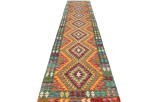 Multicolored Geometric Reversible 3X13 Kilim Oriental Runner Rug