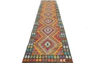 Multicolored Geometric Reversible 3X13 Kilim Oriental Runner Rug