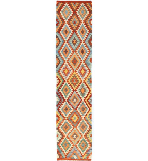 Multicolored Geometric Reversible 2'9X12'7 Kilim Oriental Runner Rug