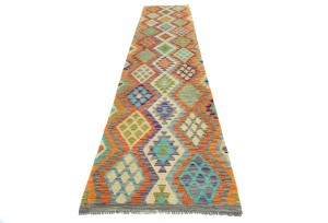 Multicolored Geometric Reversible 3X13 Kilim Oriental Runner Rug