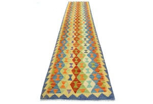 Multicolored Geometric Reversible 3X13 Kilim Oriental Runner Rug
