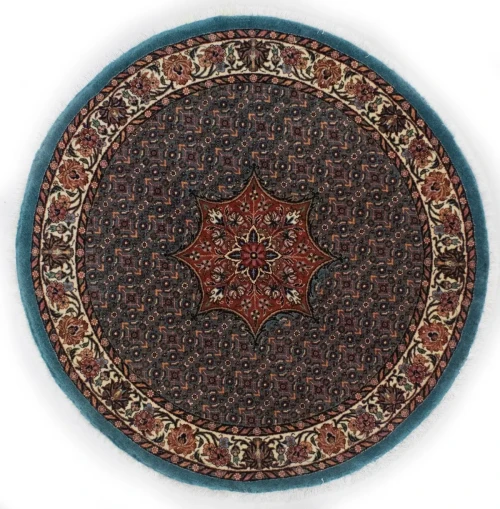 Teal Blue Floral 4X4 Bidjar Halvaei Persian Round Rug