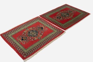 Pair of Small Vintage Coral Red Floral 2X3 Kashan Persian Rug
