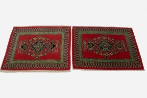 Pair of Small Vintage Coral Red Floral 2X3 Kashan Persian Rug