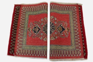 Pair of Small Vintage Coral Red Floral 2X3 Kashan Persian Rug