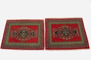 Pair of Small Vintage Coral Red Floral 2X3 Kashan Persian Rug