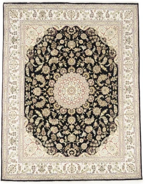 Black Floral Traditional 8X10 Indo-Nain Oriental Rug