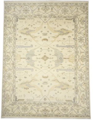Muted Beige Floral Transitional 10X14 Oushak Oriental Rug
