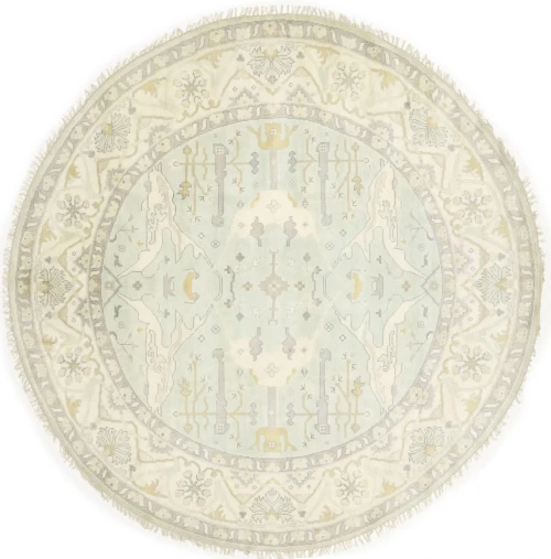 Muted Light Green Floral Traditional 9X9 Oushak Oriental Round Rug