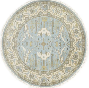 Muted Light Blue Floral Transitional 9X9 Oushak Oriental Round Rug