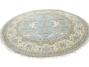 Muted Light Blue Floral Transitional 9X9 Oushak Oriental Round Rug