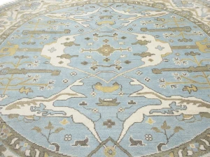 Muted Light Blue Floral Transitional 9X9 Oushak Oriental Round Rug