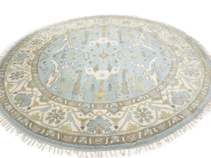 Muted Light Blue Floral Transitional 9X9 Oushak Oriental Round Rug