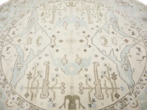 Muted Cream Floral Transitional 9X9 Oushak Oriental Round Rug