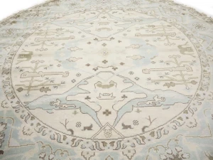 Muted Cream Floral Transitional 9X9 Oushak Oriental Round Rug