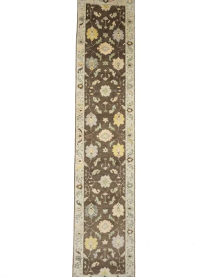 Muted Brown Floral 3X12 Transitional Oushak Chobi Oriental Runner Rug