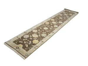 Muted Brown Floral 3X12 Transitional Oushak Chobi Oriental Runner Rug