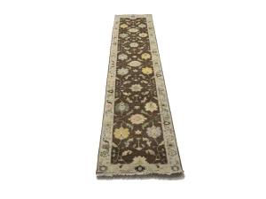 Muted Brown Floral 3X12 Transitional Oushak Chobi Oriental Runner Rug