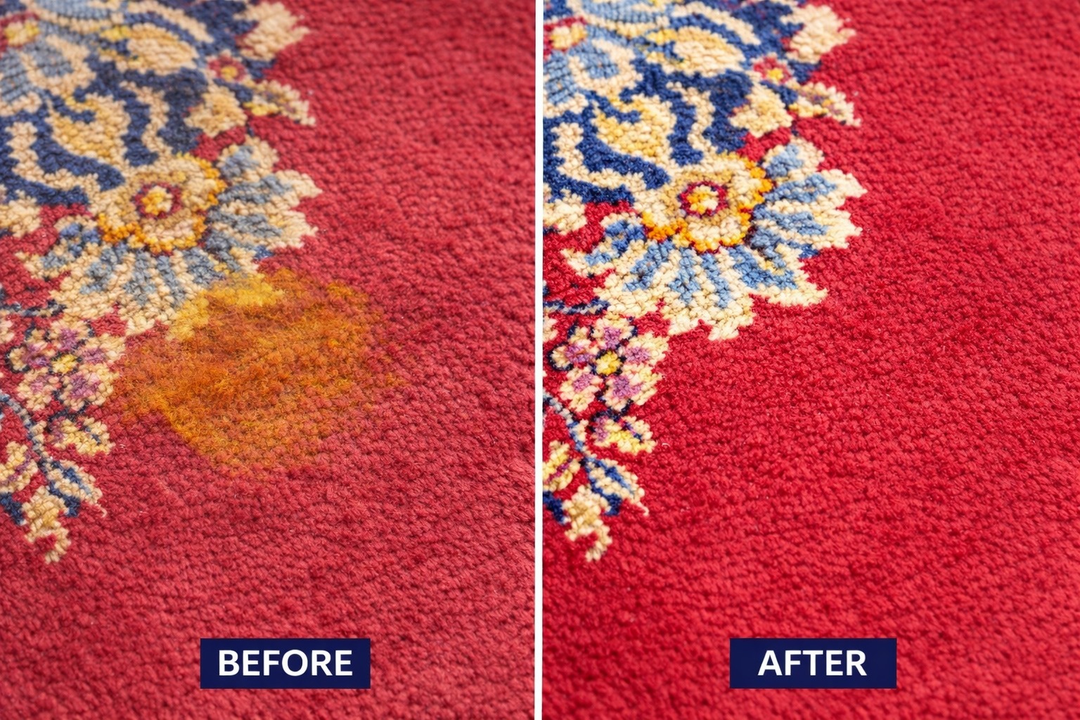 A red rug before and after cleaning: the orange stain is gone