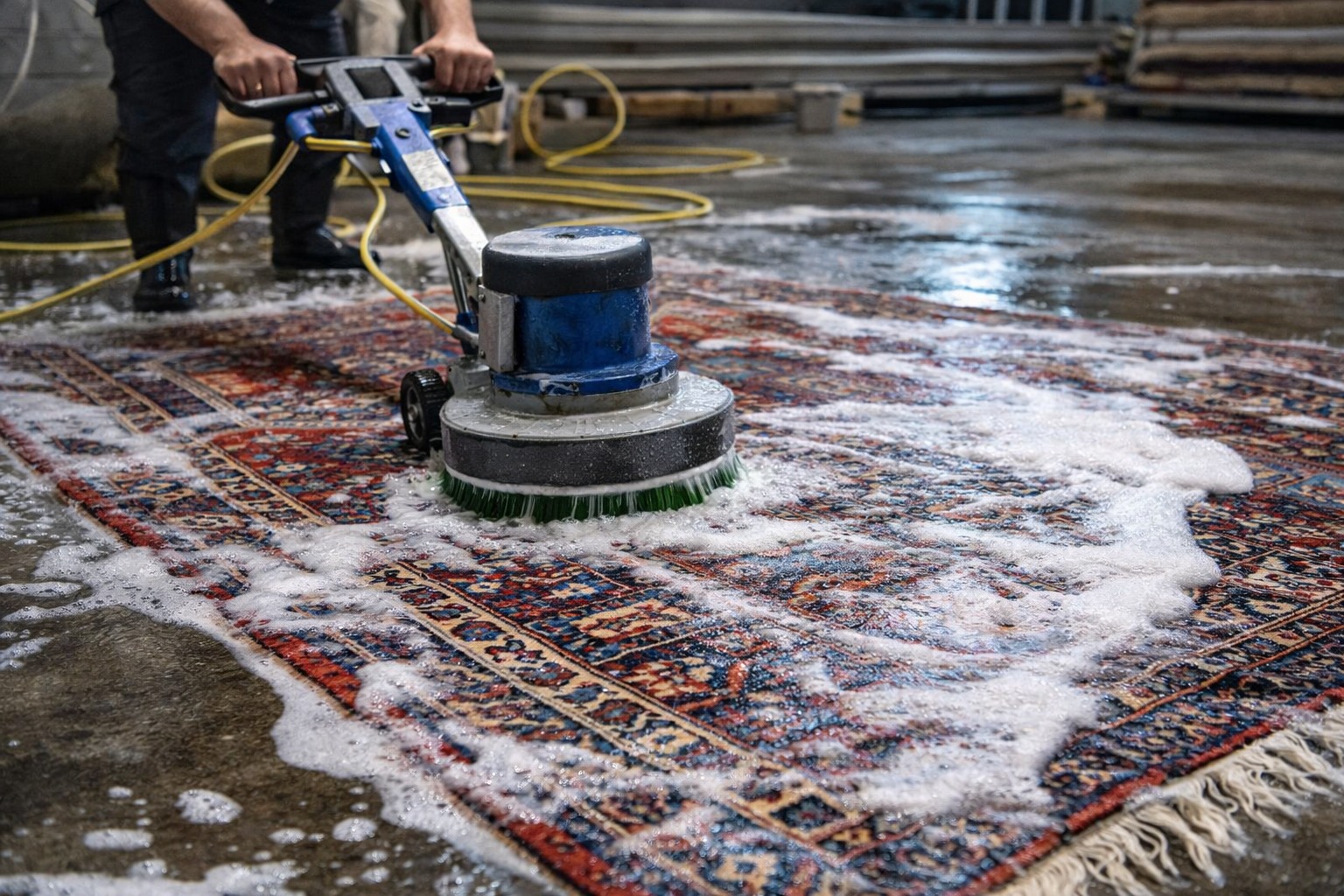 A rug being hand-washed with a rotary brush