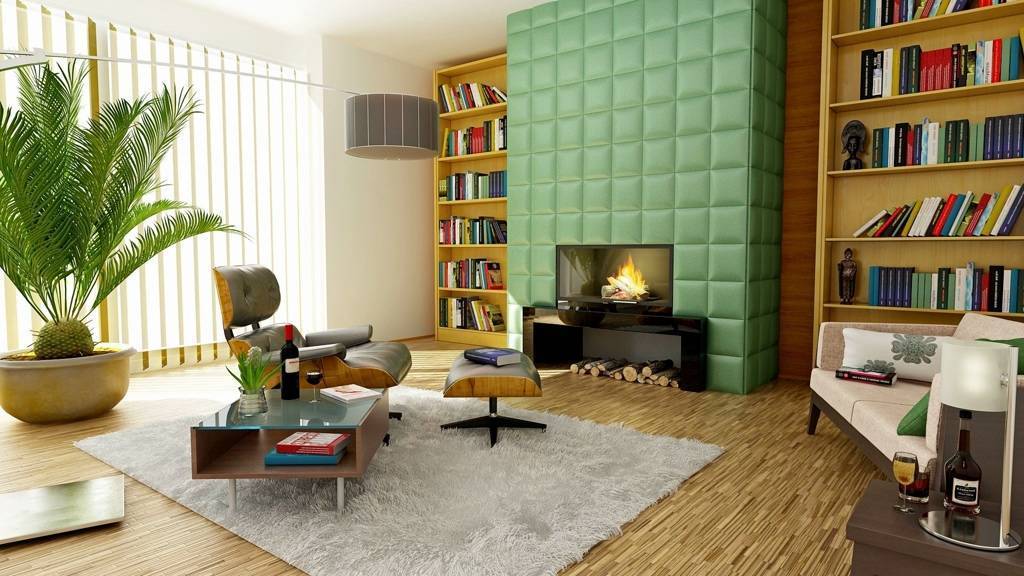 A designer living room with a bookcase, an armchair and an area rug